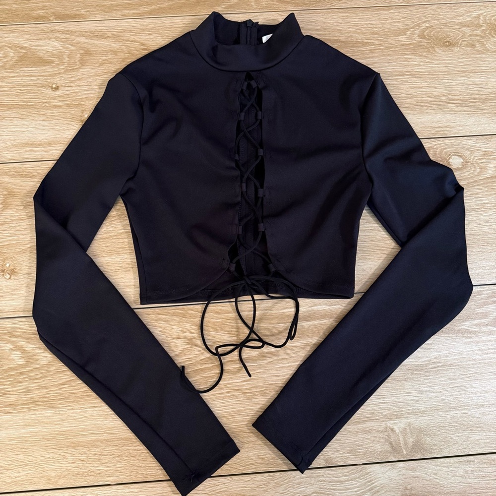 Bear Dance Tie Front Crop Top with Mandarin Collar
